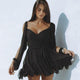 Midnight Ember: V-neck Off-Shoulder Hollow Lantern Sleeve Dress