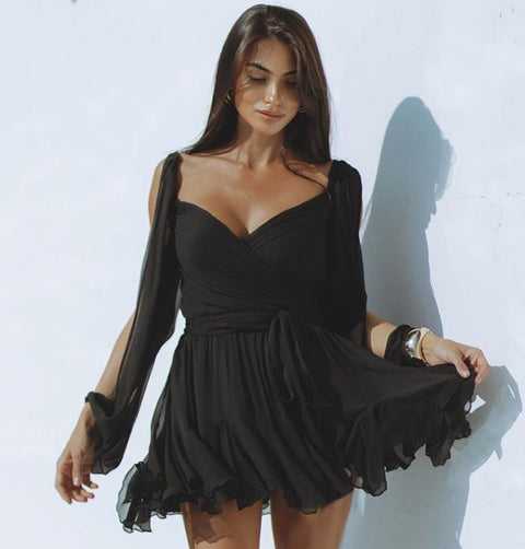 Midnight Ember: V-neck Off-Shoulder Hollow Lantern Sleeve Dress