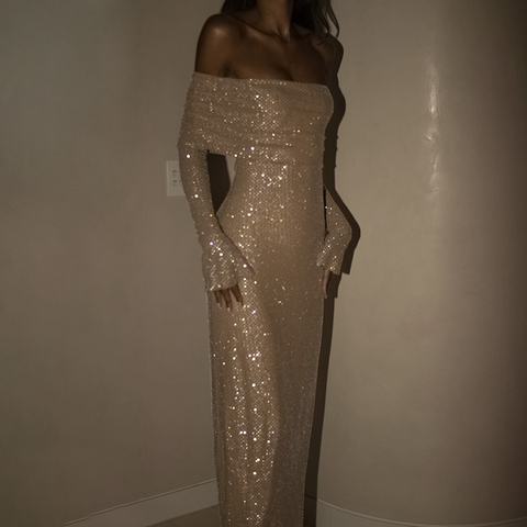 Glittering Off-Shoulder Evening Maxi Dress