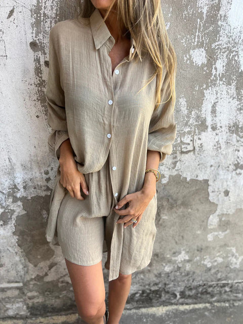 Women’s 2-Piece Loose Shirt & Elastic Shorts Set