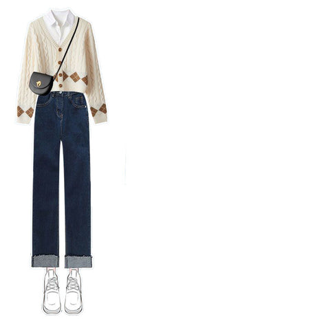 Knitted Cardigan Slimming Jeans Three-piece Set