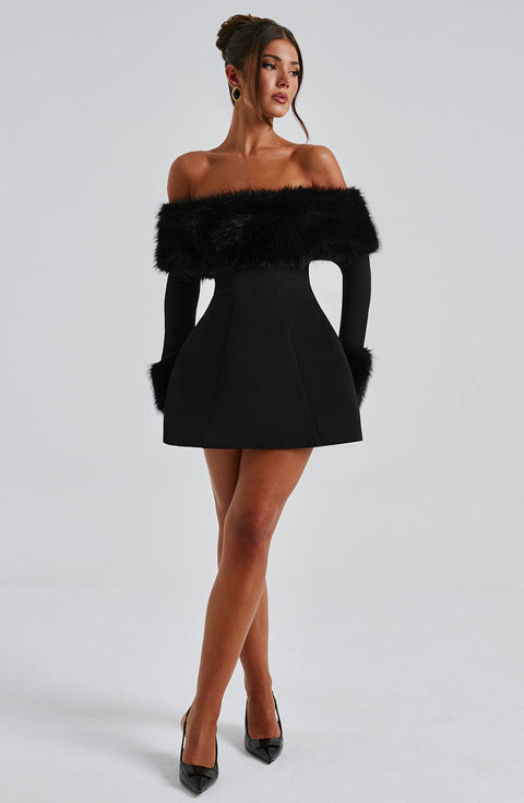 Imara - Off-Shoulder Fur Sleeve Mini Dress