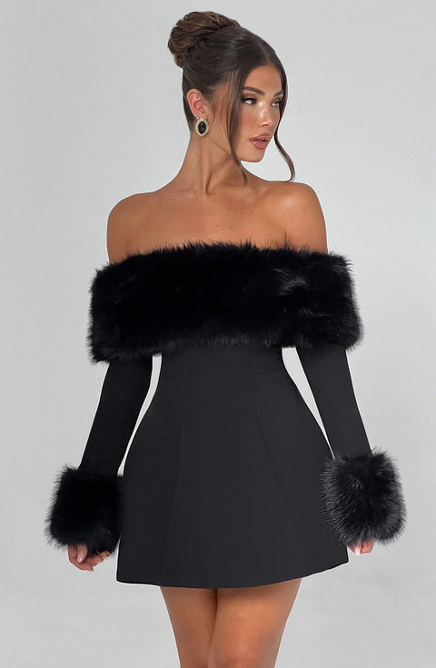 Imara - Off-Shoulder Fur Sleeve Mini Dress